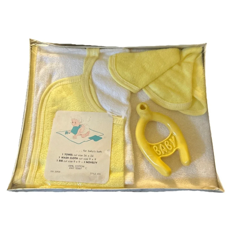 Vtg Baby Terry Bath Set Yellow White Towel Washcloth Bib Toy 100% Cotton USA